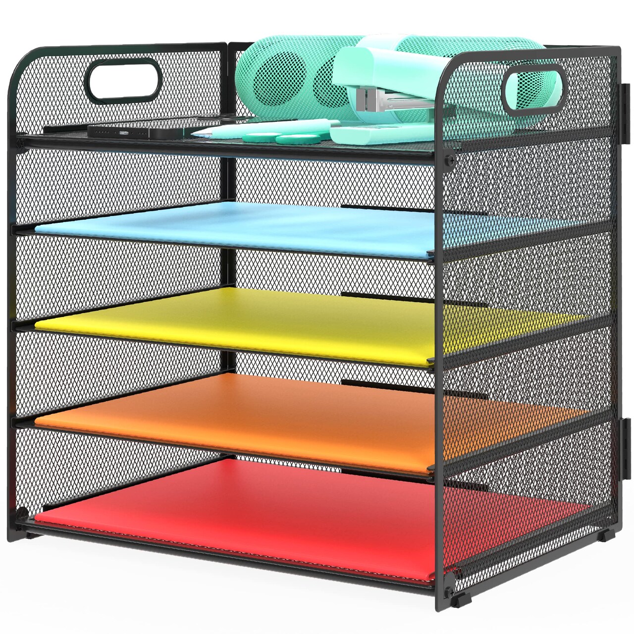 Letter Tray Paper Organizer 5-Tier Desk Organizer File Organizer Paper Holder with Handle, Metal Desktop Document Shelf Tray Office Classroom Organization - Black& Organizer Storage Tote Bag
